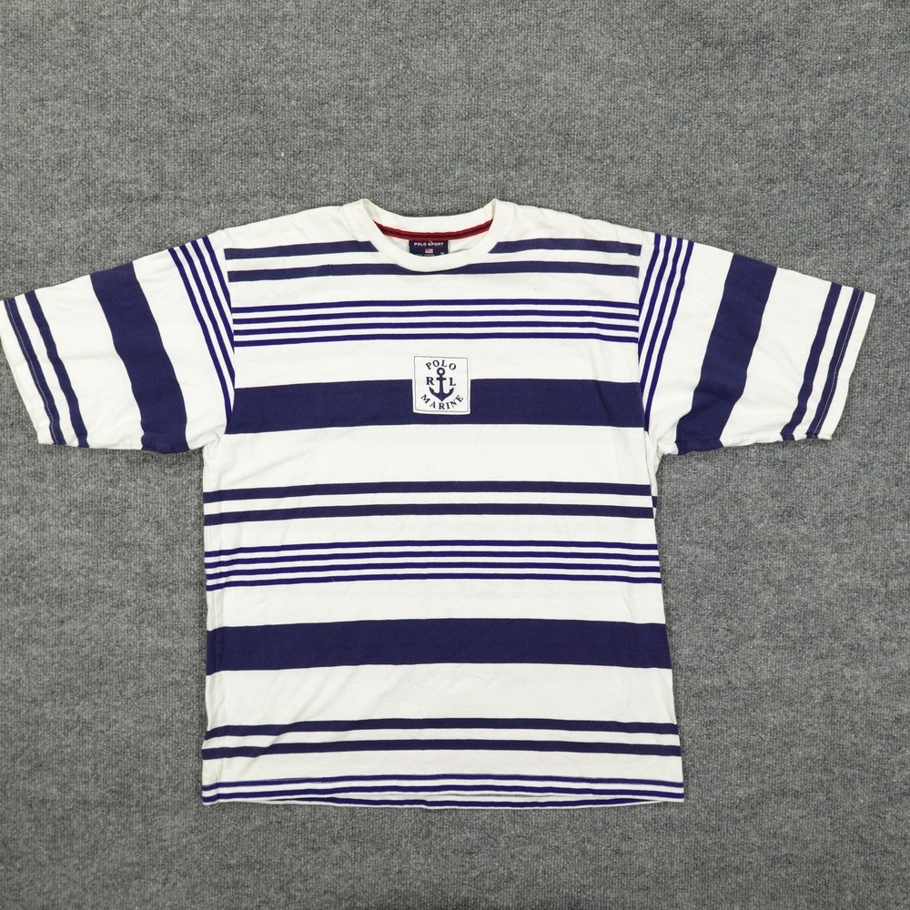 Polo Sport Ralph Lauren Shirt Mens XL White Navy Nautical Striped Anchor Marine